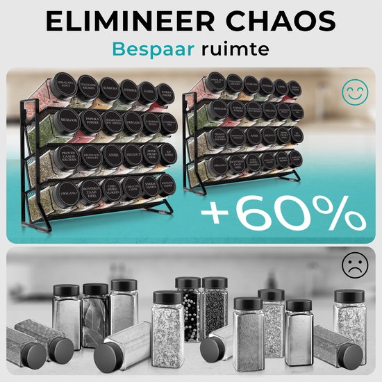 Vergelijking van een opgeruimd kruidenrek met 48 potjes en een rommelige stapel potjes, met tekst 'Elimineer chaos, bespaar ruimte'.