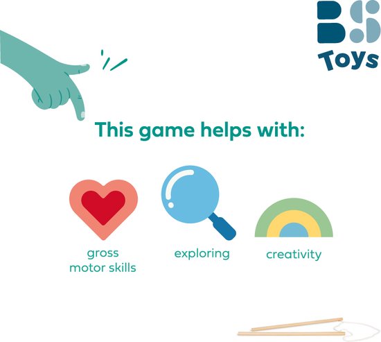 Illustratie met hart, vergrootglas en regenboog, met de tekst 'This game helps with: gross motor skills, exploring, creativity'.