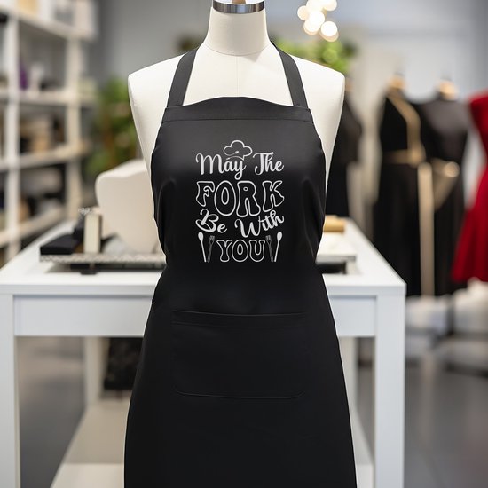 Verstelbaar kookschort, unisex, met 2 Zakken Vloeistof Druppel Waterbestendig Koken Keuken Restaurant Bar Schilderen BBQSchort, voor diverse doeleinden, Zwart Schorten Koksschort Unisex Schorten voor Vrouwen en mannen , may the fork be with you