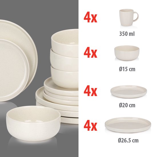 Service de table alpina 16 pièces - Service d'assiettes pour 4 personnes - Services de table en faïence - Assiettes à petit-déjeuner, Assiettes plates, Bols et mugs - Passe au micro-ondes et au lave-vaisselle - Crème