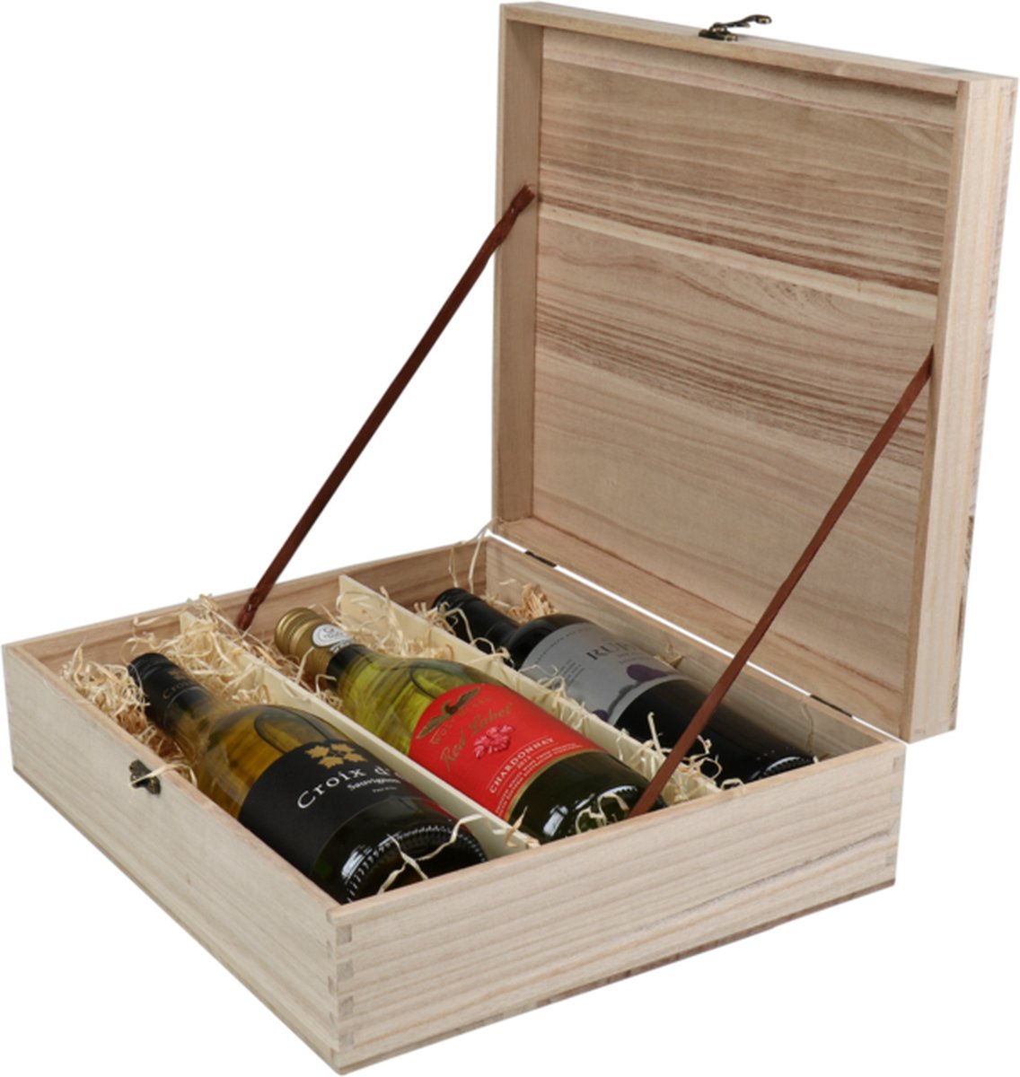 Luxe wijnkist met scharnierend deksel - gepersonaliseerd - 3 vaks - te bedrukken of graveren - kerstkado - verjaardag - jubileum