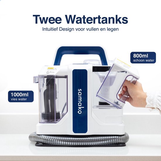 Samako reiniger met 1000ml vuilwatertank en een 800ml schoonwatertank, die men kan bijvullen.