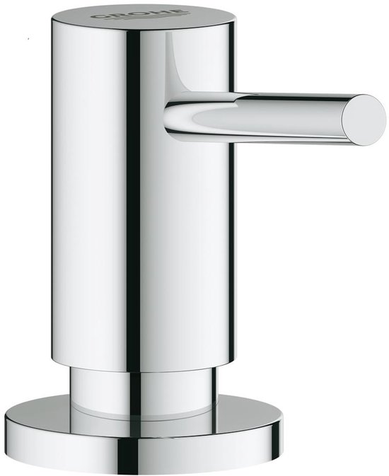 Zilverkleurige zeepdispenser met een ronde dop en een hendel.