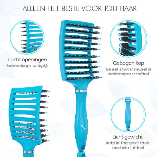 MOONIE'S® Brosse à Cheveux Perméable à Ventilation Courbe - Brosse à Cheveux Anti-emmêlement - Blauw - Brosse Démêlante - Brosse Ventilée Courbe - Blue