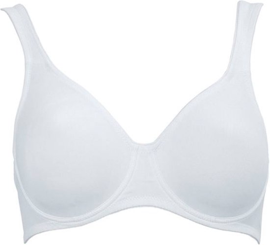 Witte voorgevormde beugel bh met brede schouderbanden, productfoto.