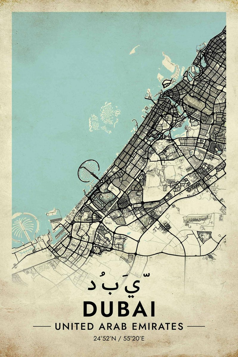 Dubai Poster - UAE - Vintage - Stad - Kaart - Map - Retro - Reis - posters - formaat 60x90