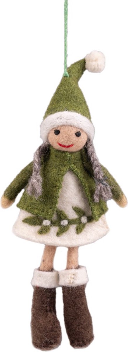 Hanger Vilt Figuurtje Kerst - Meisje met Vlechten Mistletoe - Kerstkleding en Kerstmuts - Groen/Wit - 21cm - Handgemaakt & Fairtrade