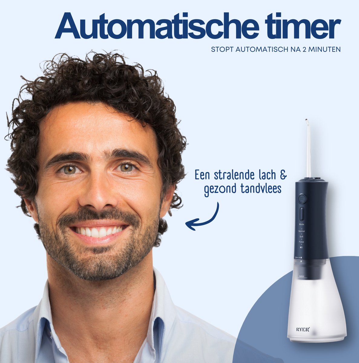 RYER Waterflosser - Draadloos - IPX7 - 320 ml Tank - 3 Standen (Normaal/Zacht/Pulse) - 4 360° Opzetstukken - 2-min Timer & Geheugenfuncties thumbnail 6