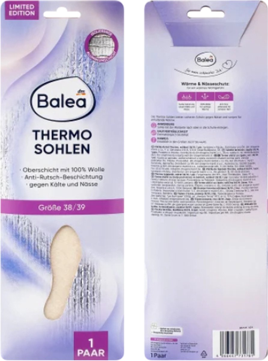 Balea Thermozolen - Maat 38/39 - 1 paar thermo-inlegzooltjes | 100% Wol - Anti-Sliplaag - Beschermt tegen kou en nattigheid