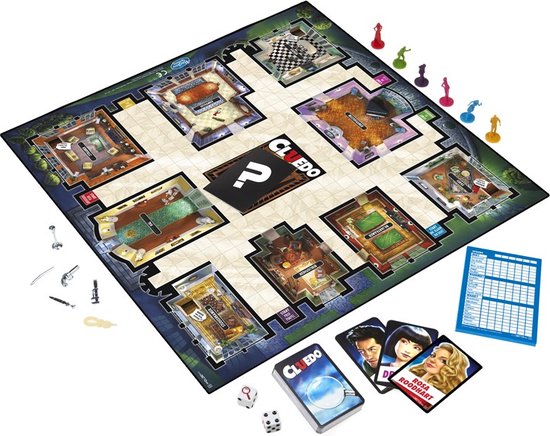 Cluedo bordspel met personages, wapens, dobbelstenen en kaarten.