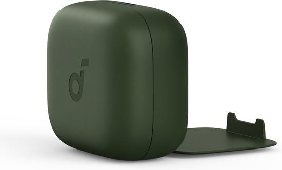 Gesloten groene oplaadcase met de standaard uitgeklapt.