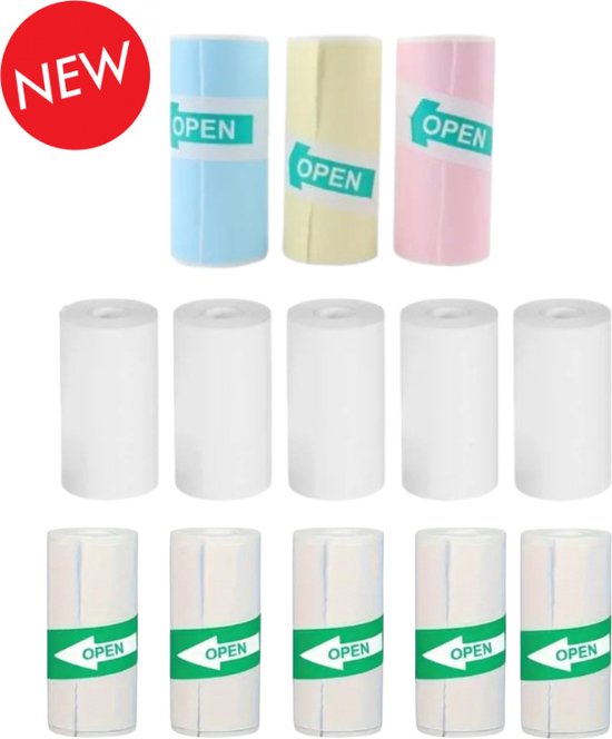 5 rollen wit, 3 rollen blauw, geel en roze met 'OPEN' tekst.