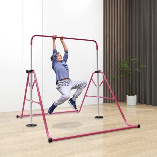 Uitschuifbare Gymnastiekstang Voor Kinderen, In Hoogte Verstelbaar Opvouwbaar Staal Roze 145x100x130cm