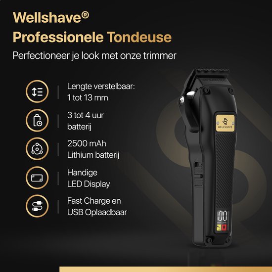Zwarte professionele tondeuse met verstelbare lengte van 1-13 mm, 3-4 uur batterijduur en LED-display.