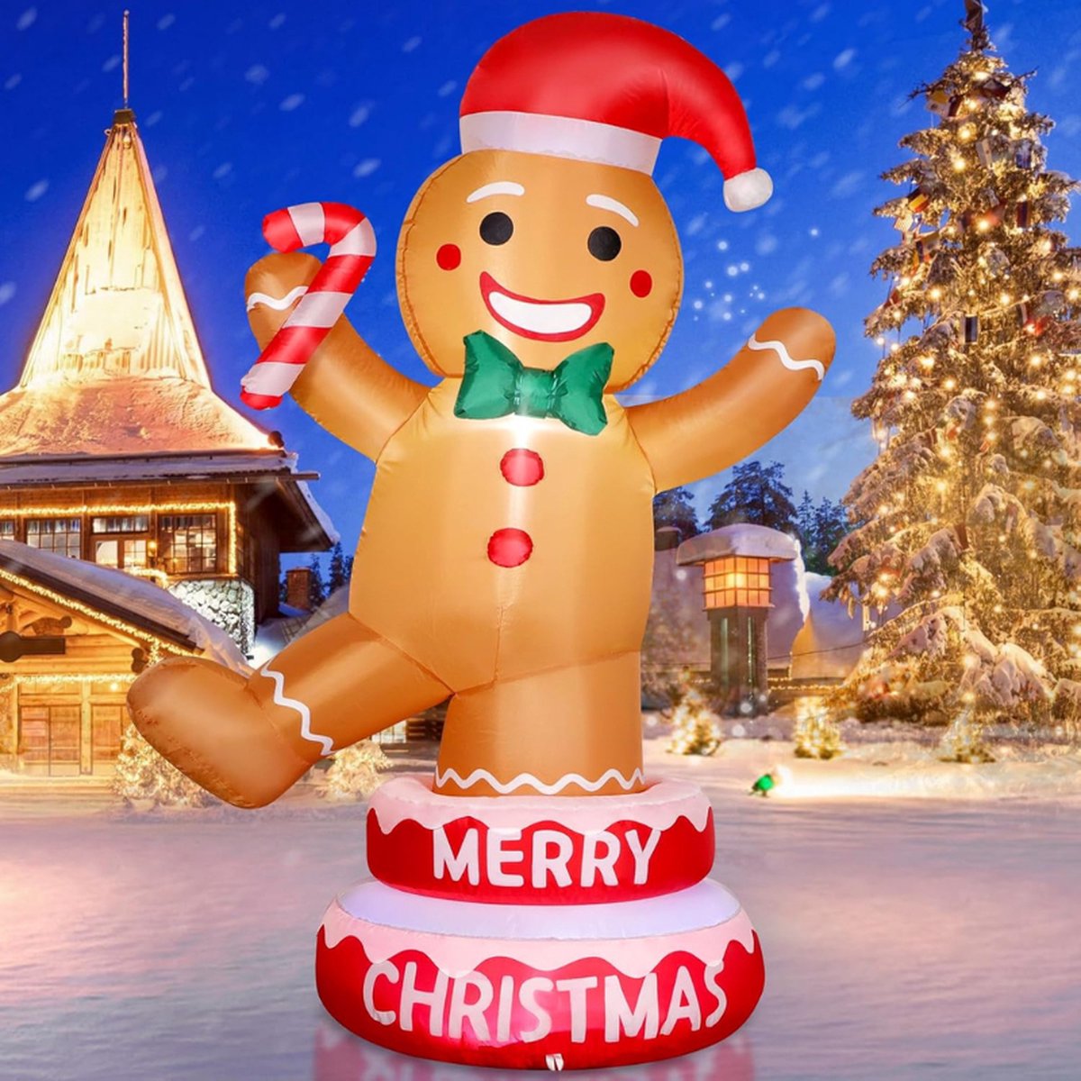 Feestelijke Gingerbread Man Tuindecoratie met Verlichting 152cm Opblaasbaar Kerstterrasfiguur met Zuurstok Weerbestendig Nieuwjaarsdecoratie Voor Binnen Buiten Gazon Tuin Feestwinkels