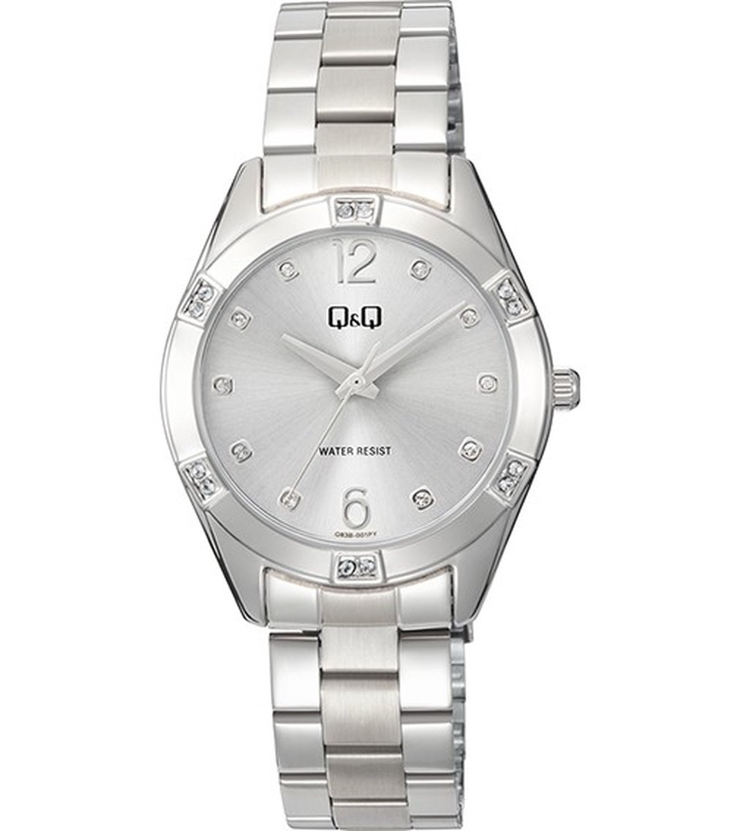 QQ Q83B-001PY - Horloge - Polshorloge - Analoog - Dames - Vrouwen - stalen band - Metaal - Overig - Cijfers - Stippen - Briljanten - Zilverkleurig