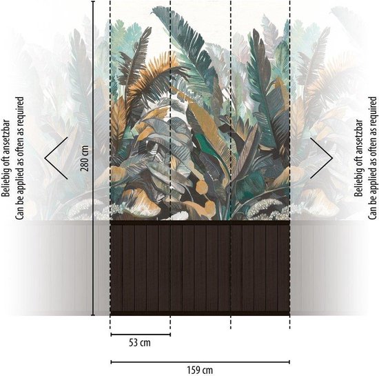 Behang met tropische bladeren, 159 cm breed en 280 cm hoog, herhaalbaar.