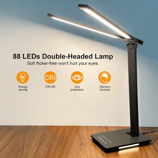 Mrs. Jones Bureaulamp dubbele kop led-bureaulamp 13W met adapter 5 helderheidsniveaus 5 kleurmodi oogbescherming opvouwbare tafellamp voor kantoorverlichting oogbescherming opvouwbare tafellamp voor kantoorverlichting - zwart . — afbeelding 5