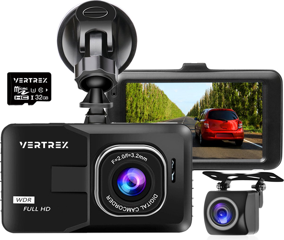 VERTREX Dashcam voor Auto 1080P Full HD - Voor en Achter - Dash cams - Nachtvisie - G-Sensor - 170° Wijdhoeklens - 30" LCD - Bewegingsdetectie - Loop Recording - Incl. 32GB MicroSD Kaart