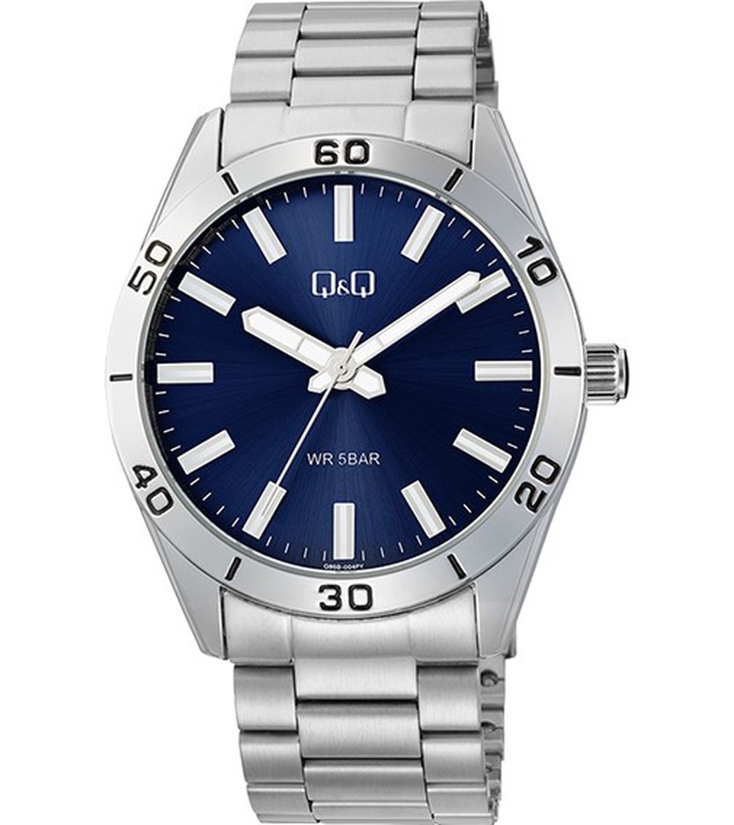 QQ Q86B-004PY - Horloge - Polshorloge - Analoog - Heren - Mannen - stalen band - Metaal - Rond - Cijfers - Strepen - Zilverkleurig - DonkerBlauw