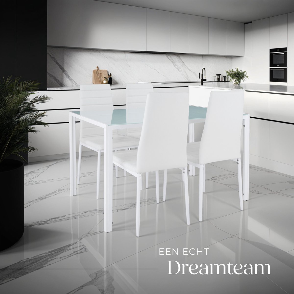 tectake® Eetkamerset met 4 Eetkamerstoelen - Eettafel met glazen blad - 120 x 70 x 75 cm - Eethoek set Tafel en Stoelen - Set van 4 Stoelen met kunstleer - Wit – foto 7