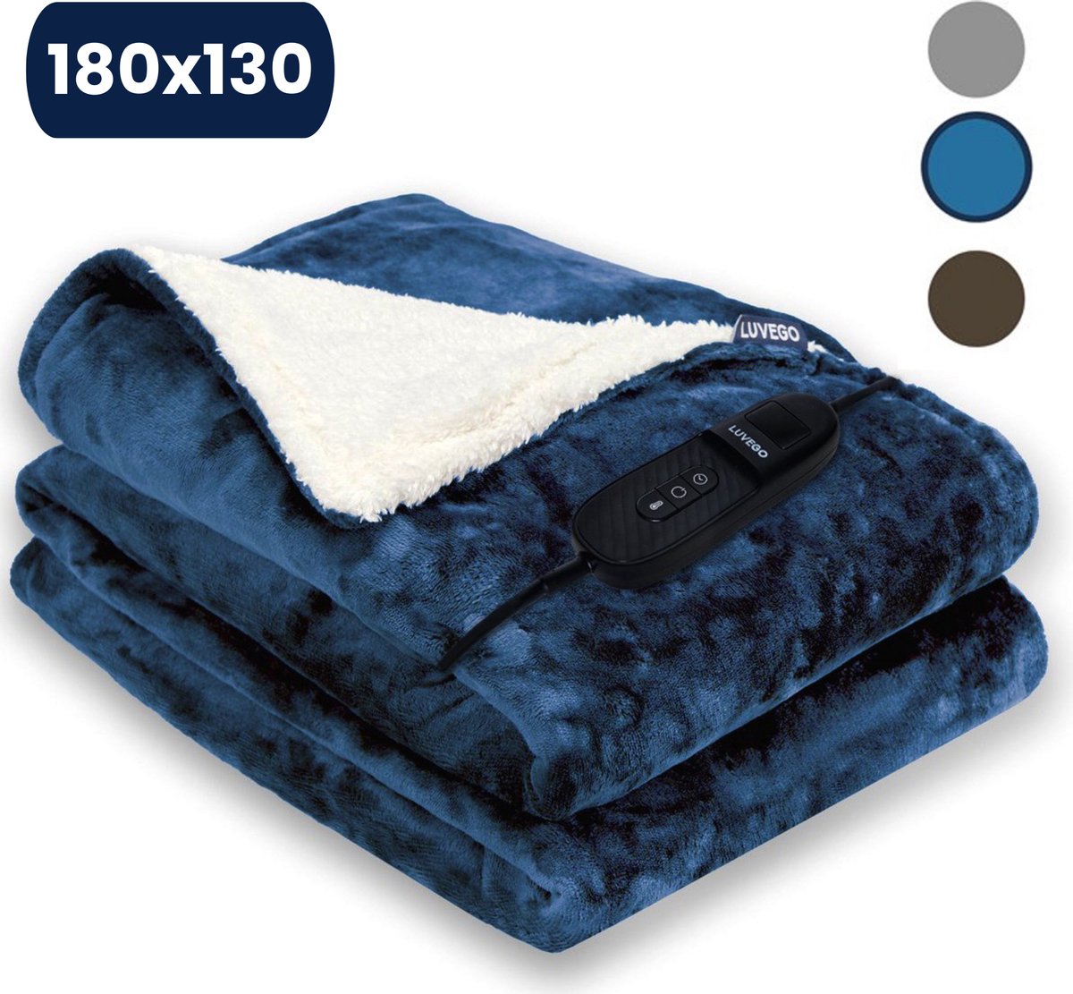 Luvego Elektrische Bovendeken Warmtedeken XL met Fleece/Sherpa | 1 Persoons Omslagdeken | Plaid 180x130 CM | 3.5 Meter Kabel | 160W | Donker Blauw - Luvego - €49,99