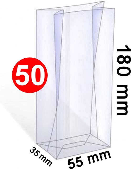 Transparant blokbodemzakje met afmetingen 55x35x180 mm. Cirkelvormig rood label met '50'.