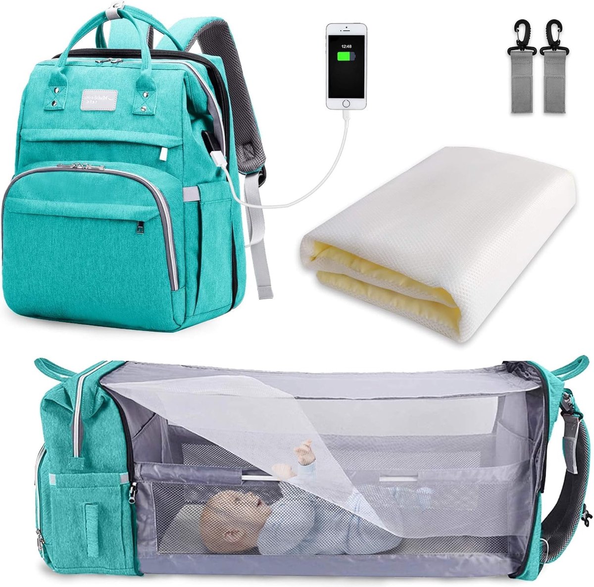 Goedkoopste Luiertas Rugzak met Grote Capaciteit - Draagbare Reisluiertas met Opvouwbaar Babybed - Babybed Rugzak - Mintgroene Luiertas met Schaduwdoek en Flessen Isolatie