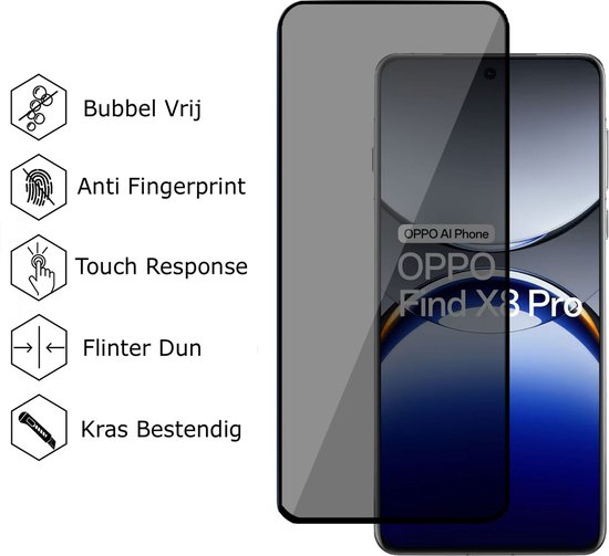 Een OPPO Find X8 Pro met een privacy screenprotector, met iconen voor 'Bubbel Vrij', 'Anti Fingerprint', 'Touch Response', 'Flinter Dun', 'Kras Bestendig'.