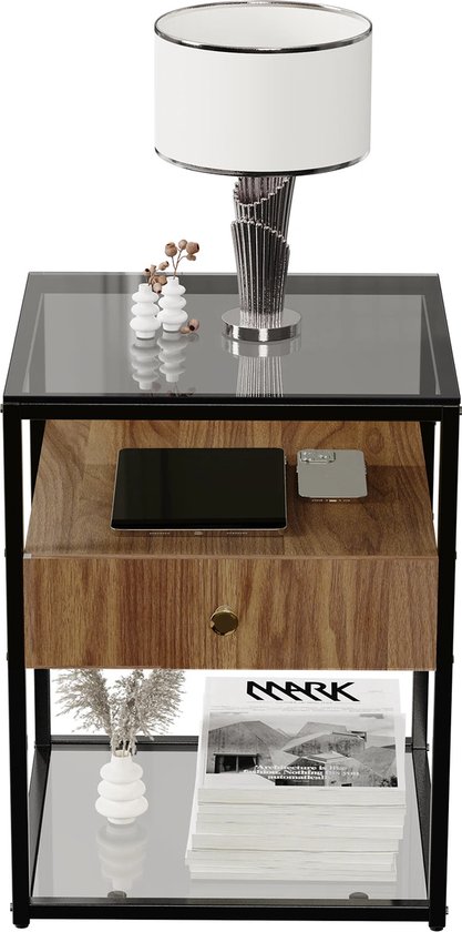 Vierkante Bijzettafel met 2 Niveaus Metalen Gaasplank Recht Nachtkastje Industriële Stijl voor Woonkamer Slaapkamer Bank Bruin - Costway