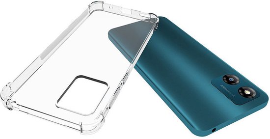 Doorzichtig TPU hoesje met verstevigde hoeken naast een blauwe smartphone.