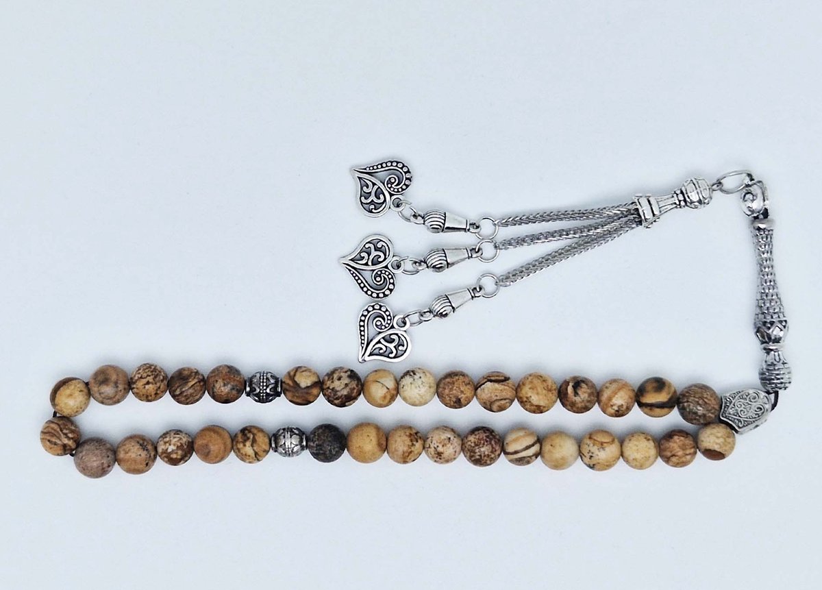 Handgemaakte tesbih klassiek - "Tasbih" natuursteen "Picture Jasper" - Aantal kralen 33 - Diameter kralen 8 MM - met metaal tassel "Harten" - Een mooi cadeau-idee