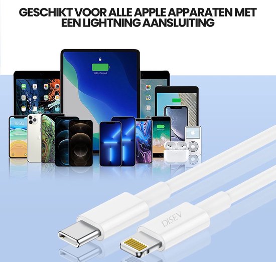 Witte USB-C naar Lightning kabel, geschikt voor Apple apparaten.
