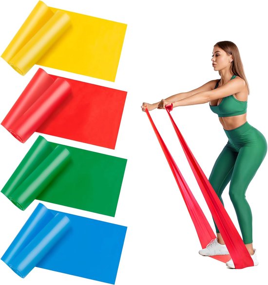 4 Weerstandsbanden Set - 1,5M Fitnessbanden - Multifunctionele Effen Kleur Elastische Weerstandsband Training - Yoga Dans Elastische Band - Geweldig voor Yoga, Pilates, Spieropbouw, Fysiotherapie