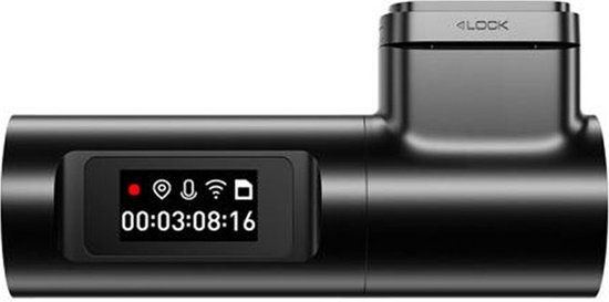 Zwarte AZDome dashcam met een display waarop de tijd en iconen worden weergegeven.