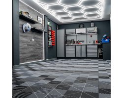 Modulaire geventileerde kliktegels 60 zwart en 60 grijs 3,2m x 6m, polypropyleen, antislip, weerbestendig, 5 ton per tegel, inclusief randen, ideaal voor garage en werkplaatsen.