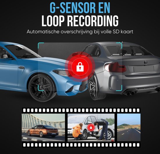 Illustratie van G-sensor en loop recording, met auto's en een slot-icoon.