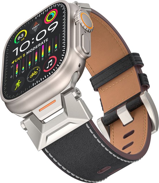 FFO2World Echt leren horlogebandje in Mecha-stijl - Geschikt voor Apple Watch 46mm (Series 10/11), 45mm (Series 7/8/9), 44mm (Series 4/5/6, SE 1/2/3), 42mm (Series 1/2/3), 49mm (Ultra 1/2/3) - Futuristisch Ontwerp Leather - bandje Leer - Zwart