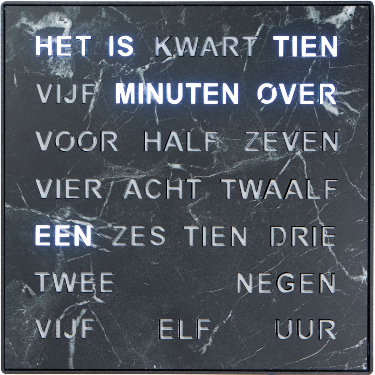 Intertime | Woordklok | Wandklok | Tafelklok | 28x28 | Zwart/ Marmer | Nederlands