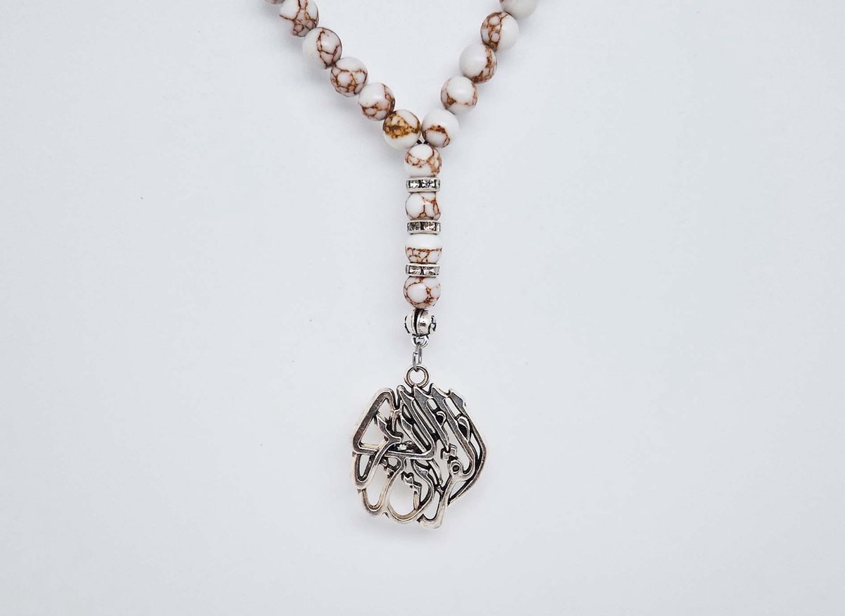 Handgemaakte Natuurstenen Autohanger "Wit howliet gesponnen goud"- Met metaal hanger - "Alquran Alkarim" - 8 mm diameter van de korrel- Mooie accessoire en decoratie voor de auto