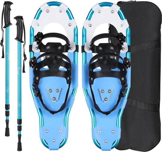 Sneeuwschoenen, aluminium frame met 3-in-1, schoenmaat 38-45 tot 90-110 kg, in grootte verstelbare wandelstokken, berguitrusting, wandelen op sneeuw, antislip sneeuwschoenset met draagtas