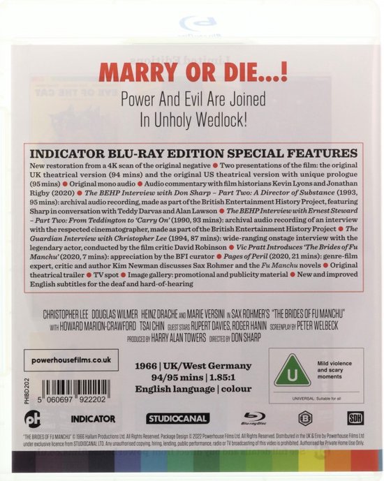 Indicator Blu-ray disc achterkant met de titel Marry Or Die! en filminformatie.