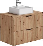 Meuble vasque suspendu nervuré avec vasque à poser - Aspect bois clair - L80 cm - ZEVARA L 80 cm x H 57 cm x P 46 cm