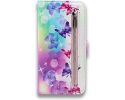 HB Hoesje Geschikt voor Apple iPhone XR - Portemonnee met Print & Rits Vakje - Kaarthouder & Magneetlipje - Bloemen & Vlinders