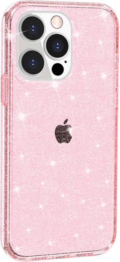 Coque de téléphone rose pailletée avec logo Apple et ouverture pour objectif de caméra.