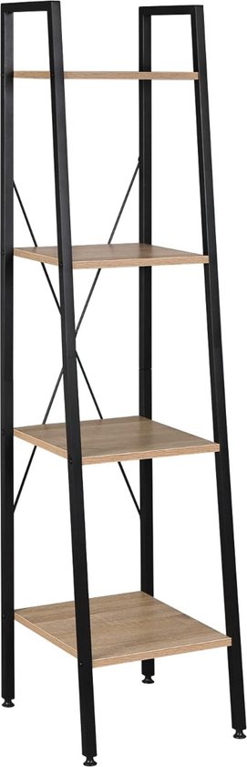 eSituro Heavy Duty 4-Tier Opbergplanken Ladder Boekenplank Industriële Boekenkast Rekken Unit Stand met Wit Metalen Frame Licht Eiken Houten Planken 34x35x148CM SSTR0041