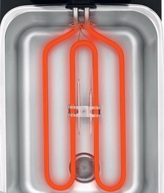 Binnenkant van een friteuse met oranje gloeiende verwarmingselement.