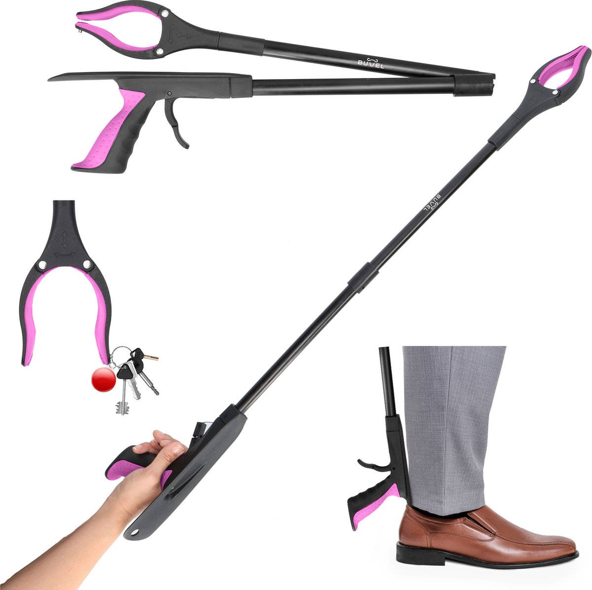 Goedkoopste Buvel Afvalgrijper met Schoenlepel - Grijper met Magneet - Hulpgrijper - Inklapbaar – Multifunctioneel - Draaibaar - 4 in 1 – 92 cm Roze