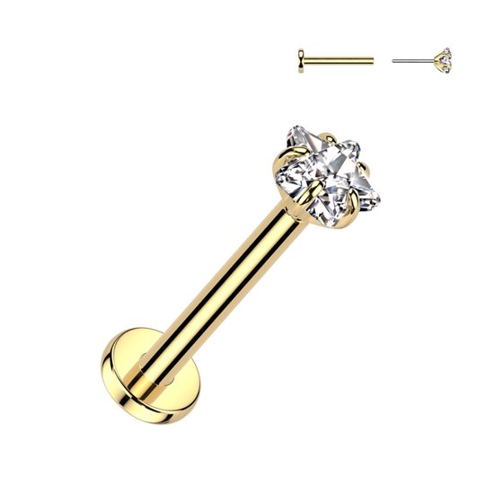 Gouden labret piercing met een witte ster-vormige zetting met kristallen.