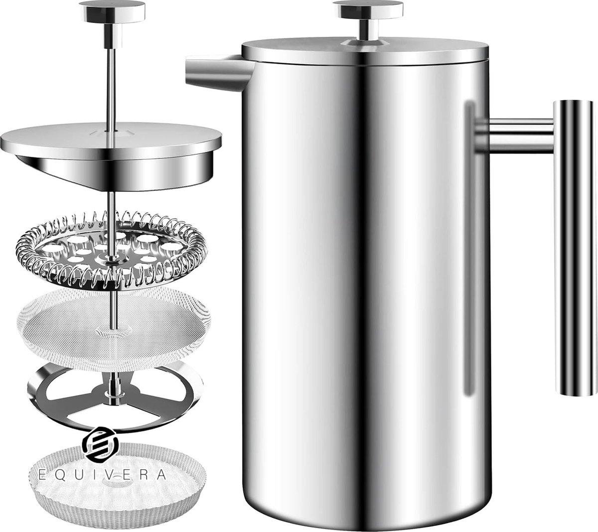 Equivera Roestvrij staal FRENCH PRESS/Franse Pers Koffiezetapparaat 34oz (1.0 Liter) met 3 Niveau Filtersysteem - Dubbelwandige Geïsoleerde Cafetière met 1 Extra Filter (Zilver)